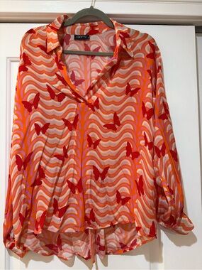 APNY Sheer Butterfly Print Blouse in Red & Orange